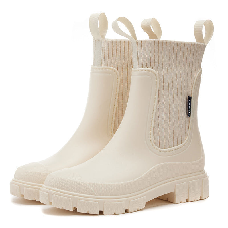 Women's Rain Boots - Chelsea Style with Knit Collar - Waterproof Platform Sole