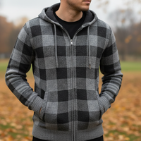 Men's Cardigan Sweater with Hood - Buffalo Plaid Knit - Warm Fleece Lining