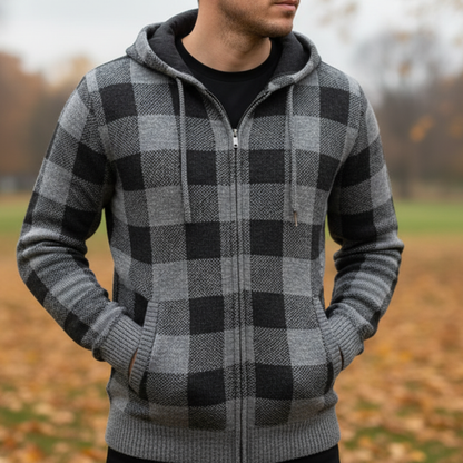 Men's Cardigan Sweater with Hood - Buffalo Plaid Knit - Warm Fleece Lining