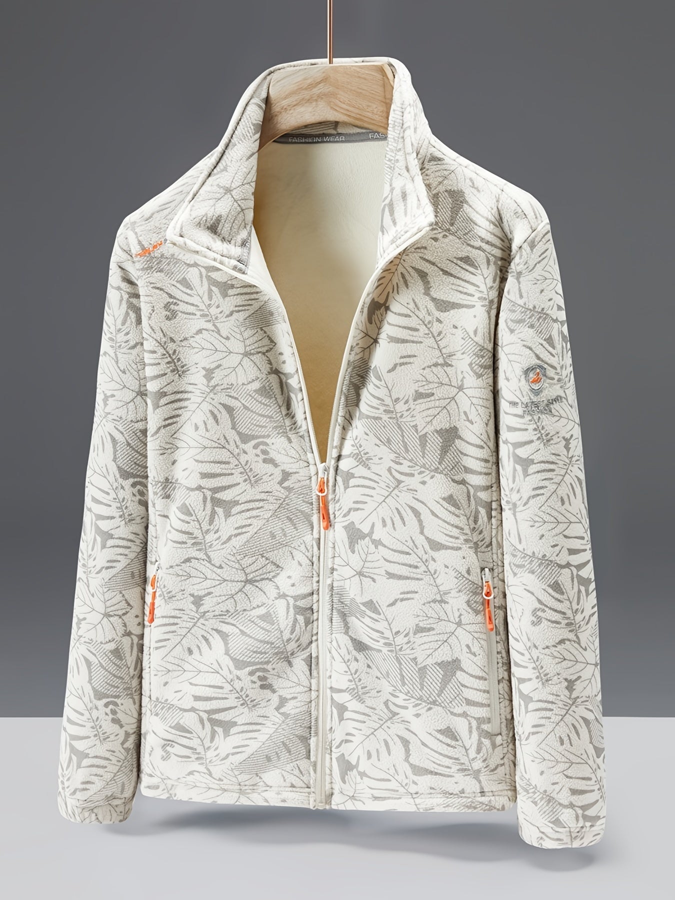 Women's Fleece Jacket - Stand Collar with Leaf Print - Zip Pockets