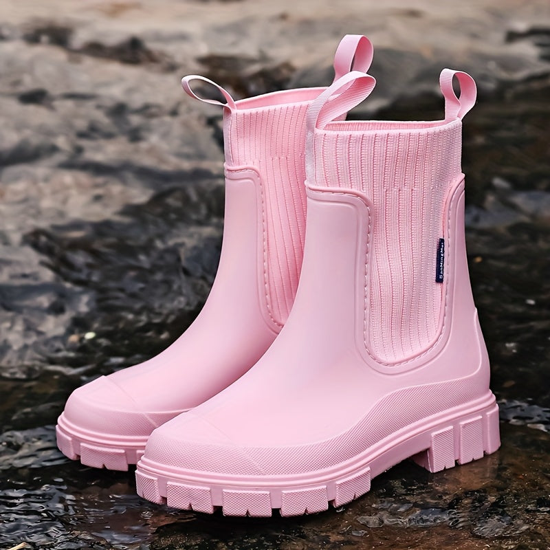 Women's Rubber Rain Boots - Chelsea Style Slip-On - Non-Slip Lug Sole