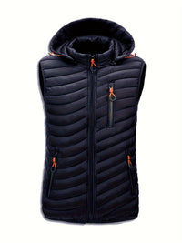 Men's Puffer Vest with Hood - Lightweight Quilted Warmth - Three Zip Pockets