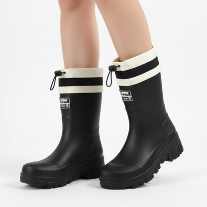 Women's Rain Boots - Waterproof Mid-Calf - Non-Slip Platform Sole