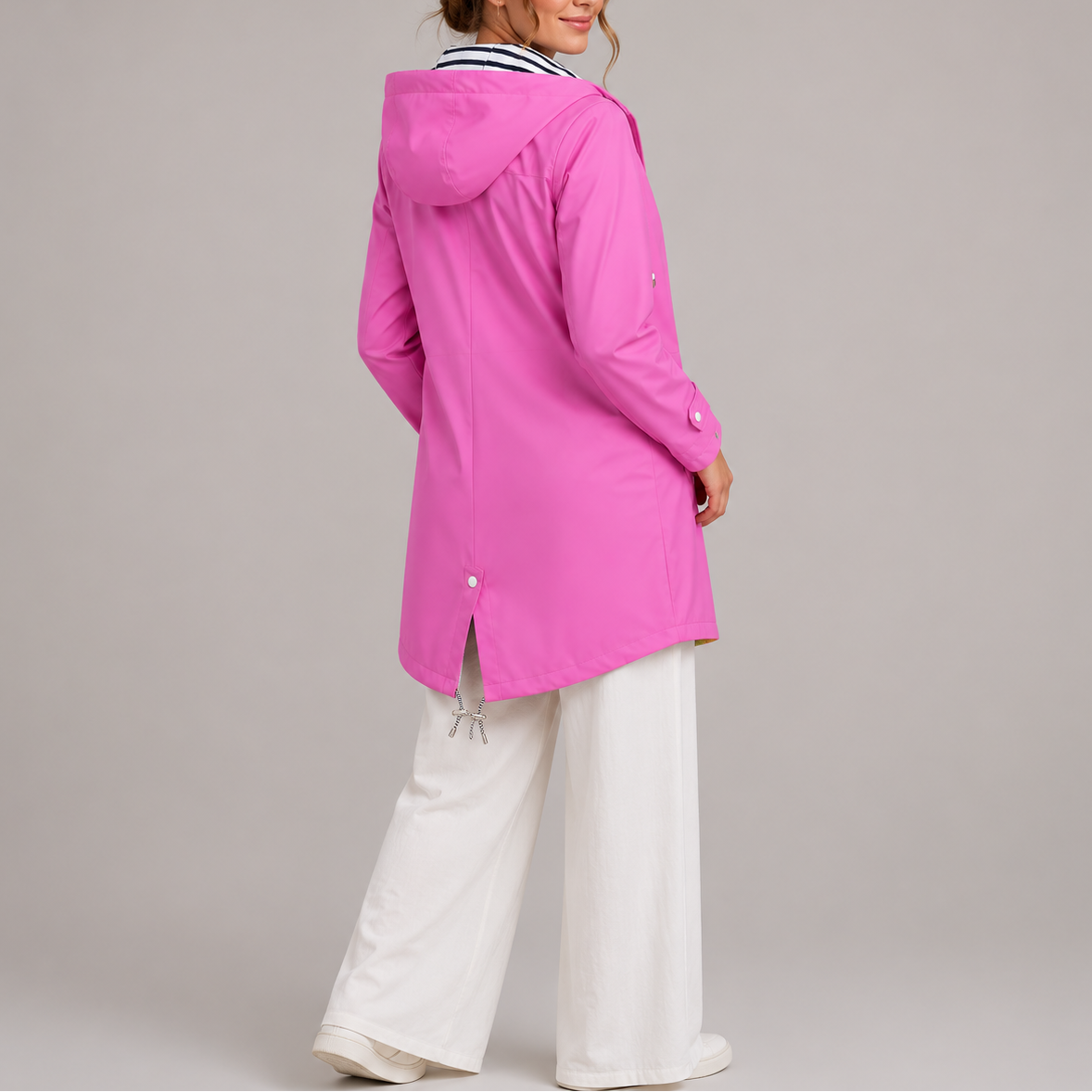 Women's Rain Jacket - Hooded & Water-Resistant - Striped Lining