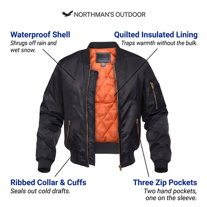 Bomber Jacket - Waterproof Quilted Flight Jacket - Men's Zip-Up