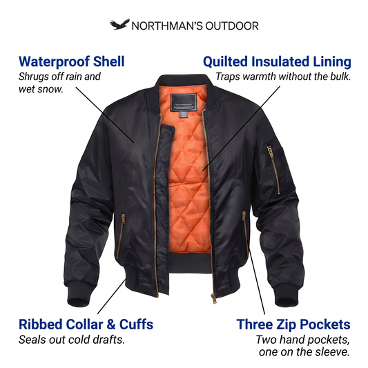 Bomber Jacket - Waterproof Quilted Flight Jacket - Men's Zip-Up