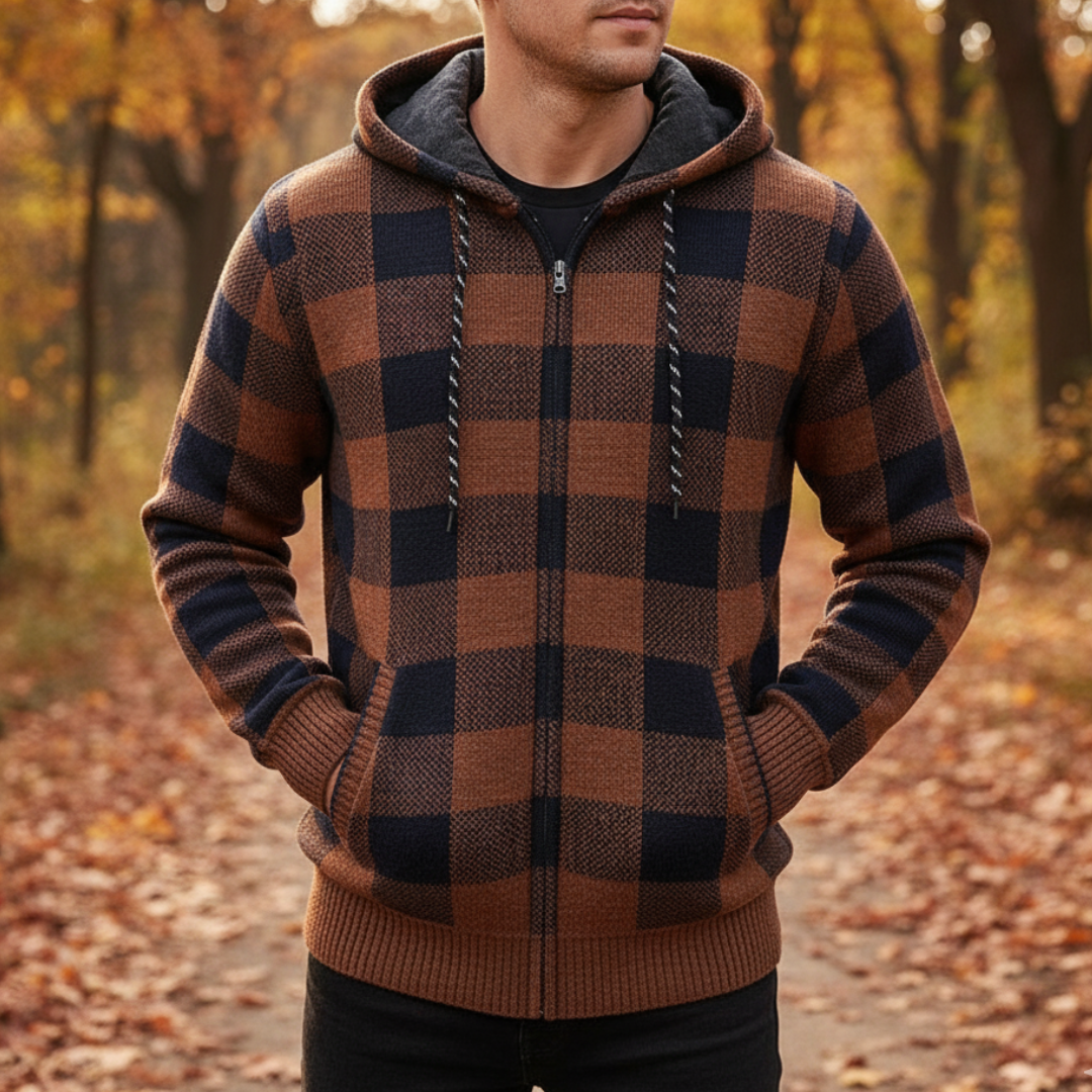 Men's Cardigan Sweater with Hood - Buffalo Plaid Knit - Warm Fleece Lining