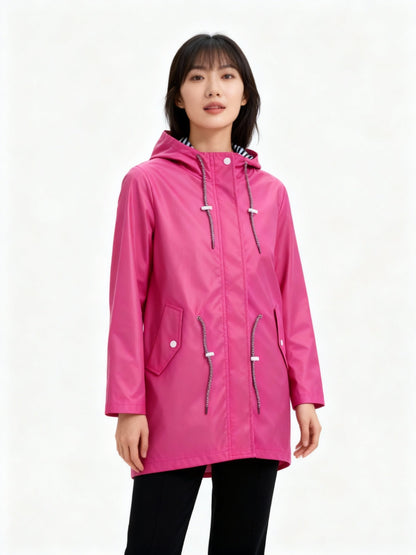 Women's Rain Jacket with Hood - Mid-Length Fishtail Hem - Water-Repellent