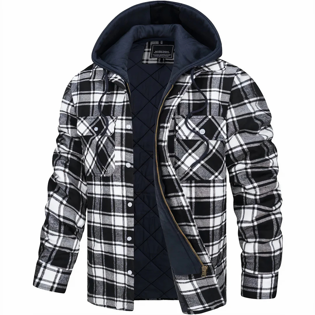 Flanelljacke Herren blau kariert mit Kapuze und Steppfutter
