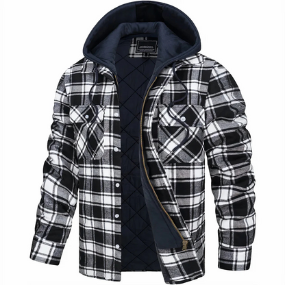 Flanelljacke Herren blau kariert mit Kapuze und Steppfutter