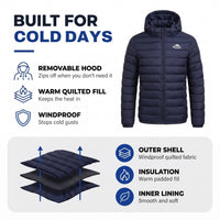 Men's Puffer Jacket - Warm Quilted & Windproof - Removable Hood