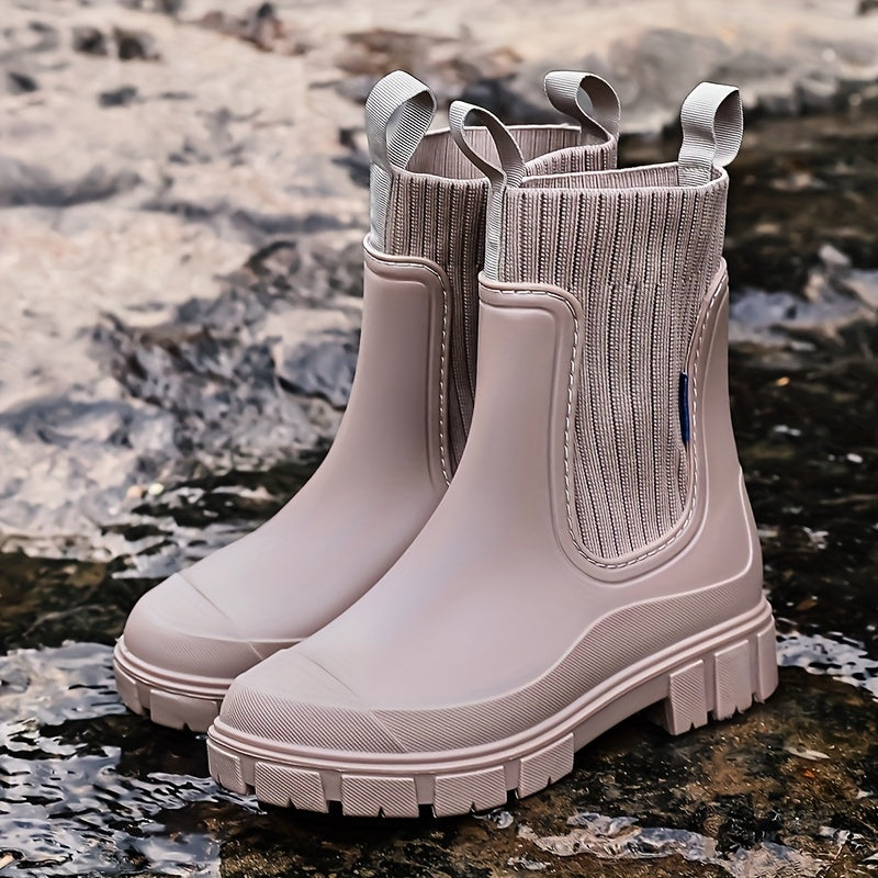 Women's Rubber Rain Boots - Chelsea Style Slip-On - Non-Slip Lug Sole
