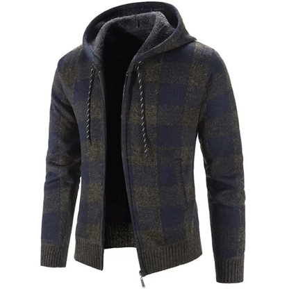 Men's Cardigan Sweater with Hood - Buffalo Plaid Knit - Warm Fleece Lining