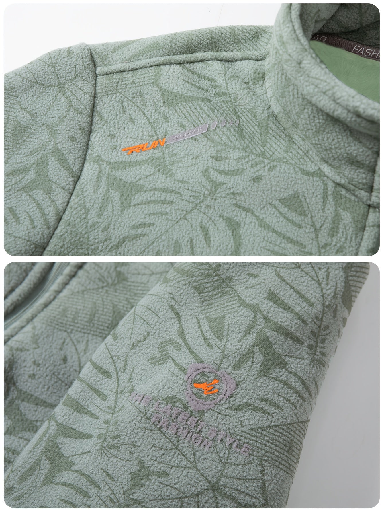 Women's Fleece Jacket - Stand Collar with Leaf Print - Zip Pockets