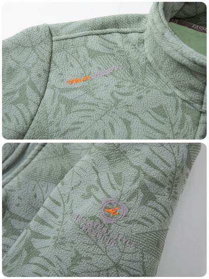 Women's Fleece Jacket - Stand Collar with Leaf Print - Zip Pockets