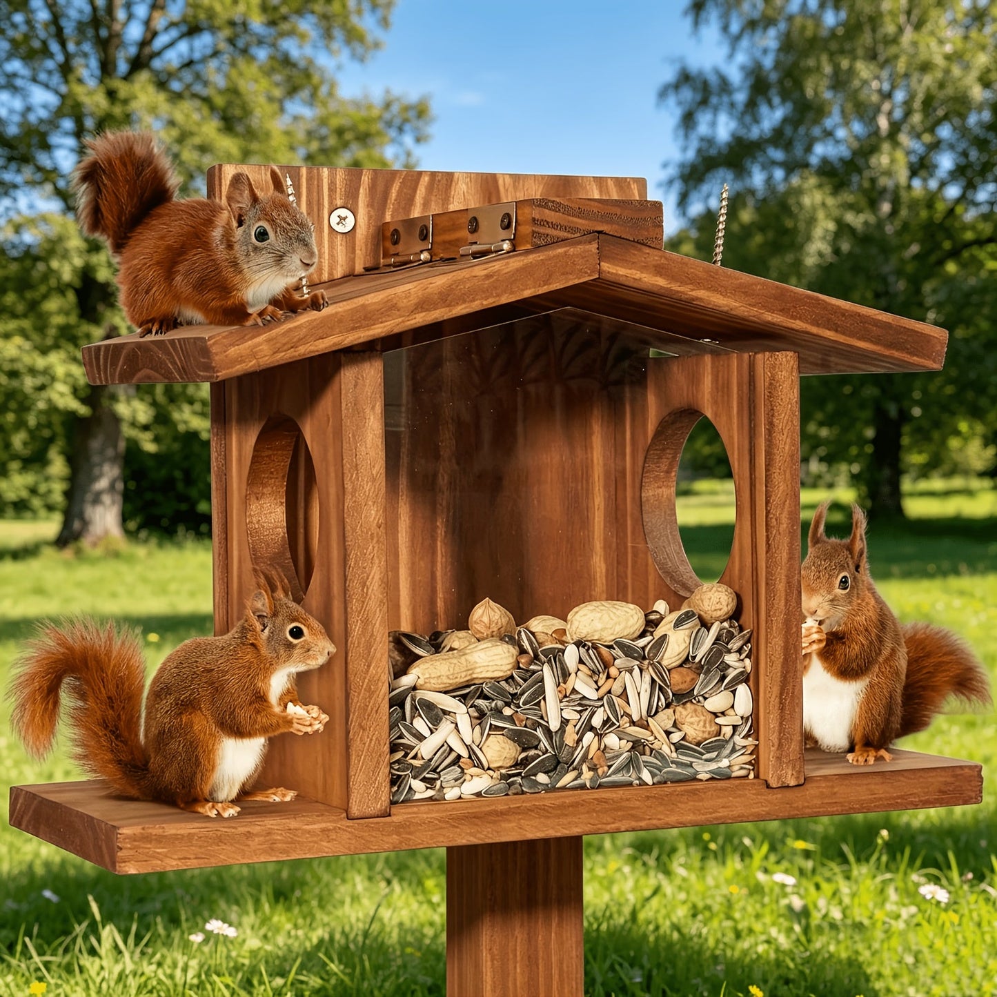 Squirrel Feeder - Solid Oak with Large Nut Dispenser - Corn & Apple Holder