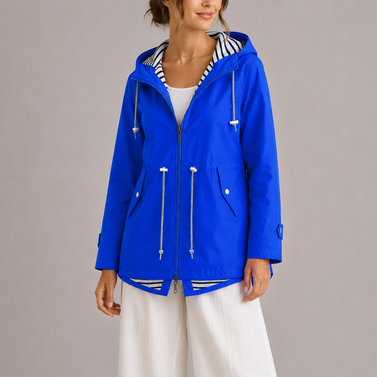 Women's Rain Jacket - Hooded & Water-Resistant - Striped Lining