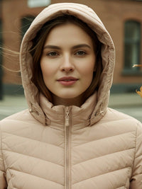 Women's Puffer Jacket - Lightweight Quilted - Adjustable Detachable Hood