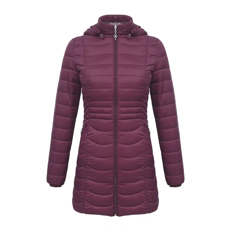 Women's Long Puffer Coat - Detachable Hood - Ultralight Quilted