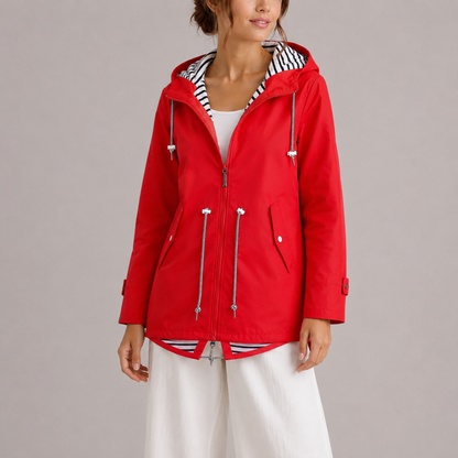 Women's Rain Jacket - Hooded & Water-Resistant - Striped Lining