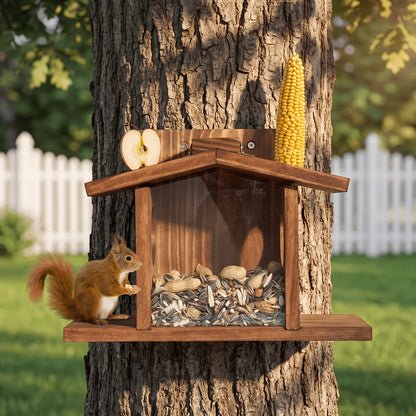 Squirrel Feeder - Solid Oak with Large Nut Dispenser - Corn & Apple Holder