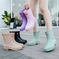 Women's Rubber Rain Boots - Waterproof Mid-Calf - Non-Slip