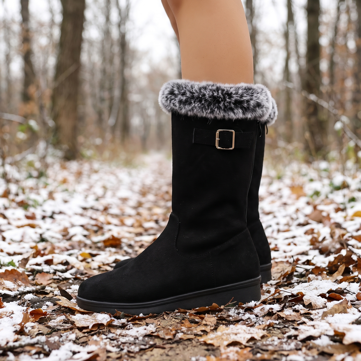Women's Mid-Calf Winter Boots - Fur Collar - Waterproof