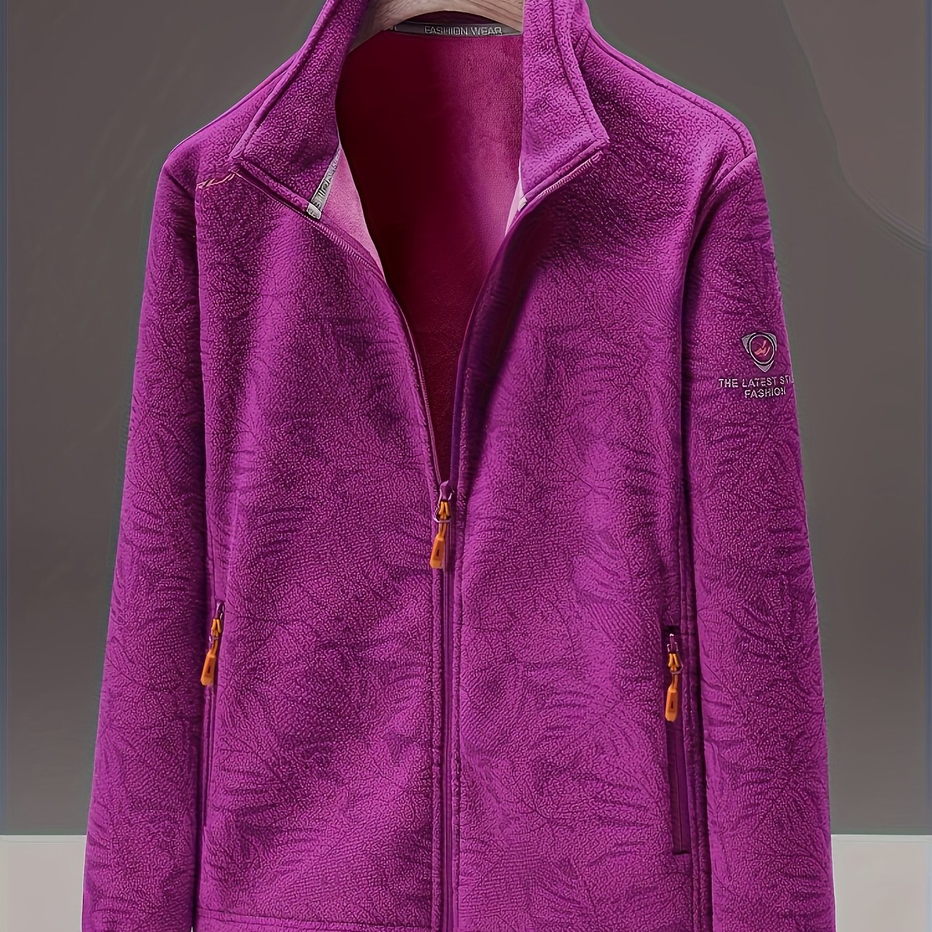 Women's Fleece Jacket - Stand Collar with Leaf Print - Zip Pockets