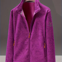 Women's Fleece Jacket - Stand Collar with Leaf Print - Zip Pockets