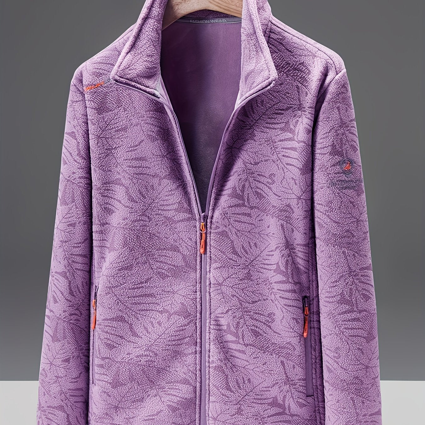 Women's Fleece Jacket - Stand Collar with Leaf Print - Zip Pockets