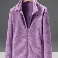 Women's Fleece Jacket - Stand Collar with Leaf Print - Zip Pockets