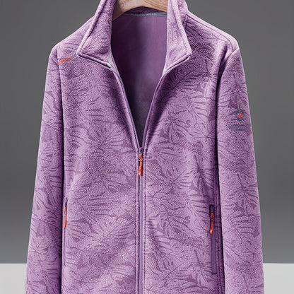 Women's Fleece Jacket - Stand Collar with Leaf Print - Zip Pockets