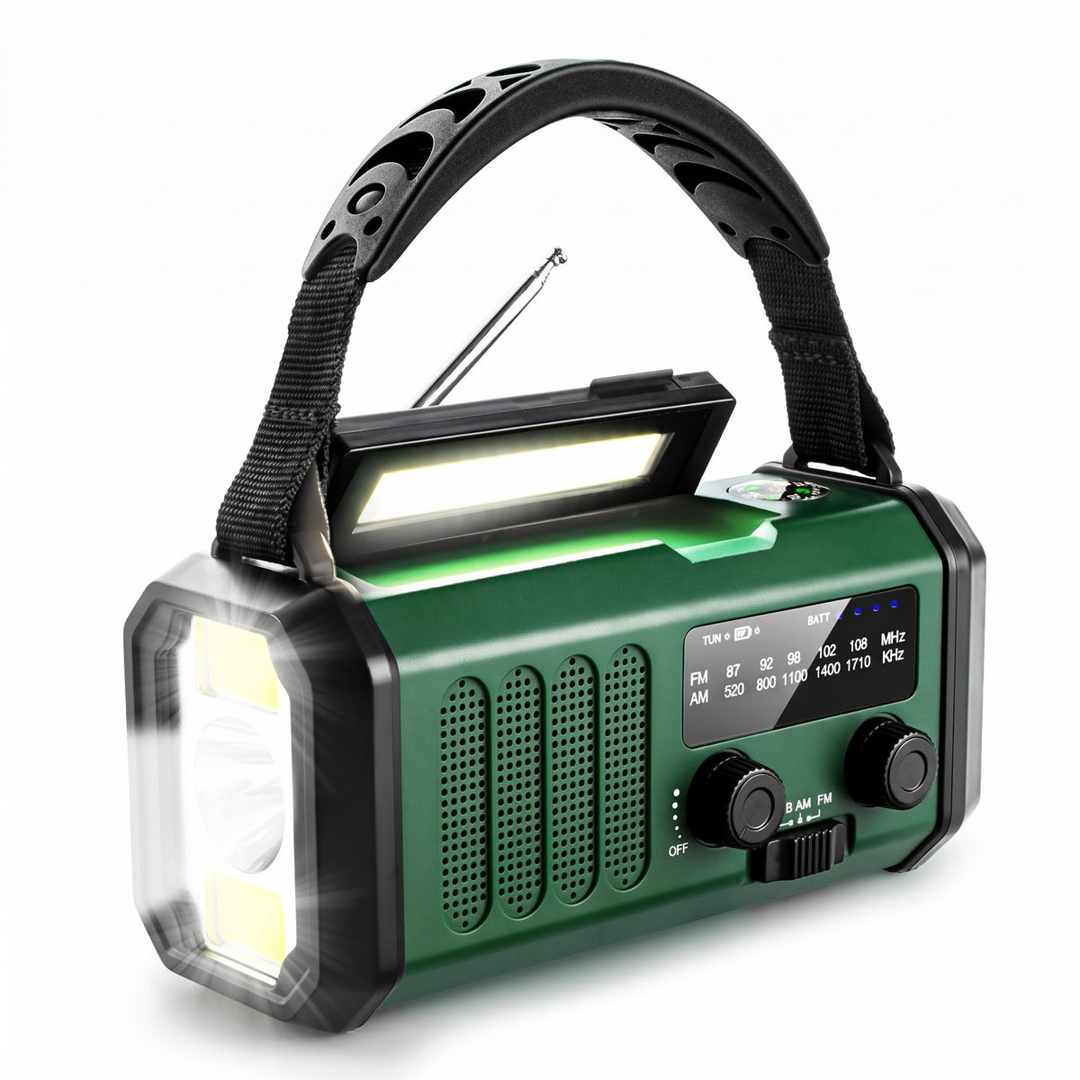 Emergency radio with hand crank and solar panel, green, 10,000mAh power bank