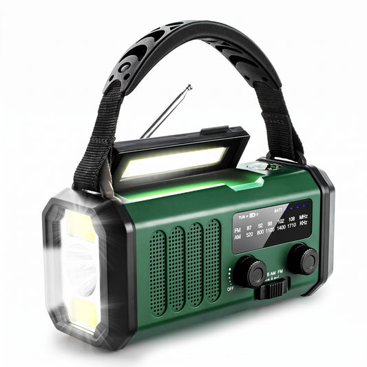Emergency radio with hand crank and solar panel, green, 10,000mAh power bank