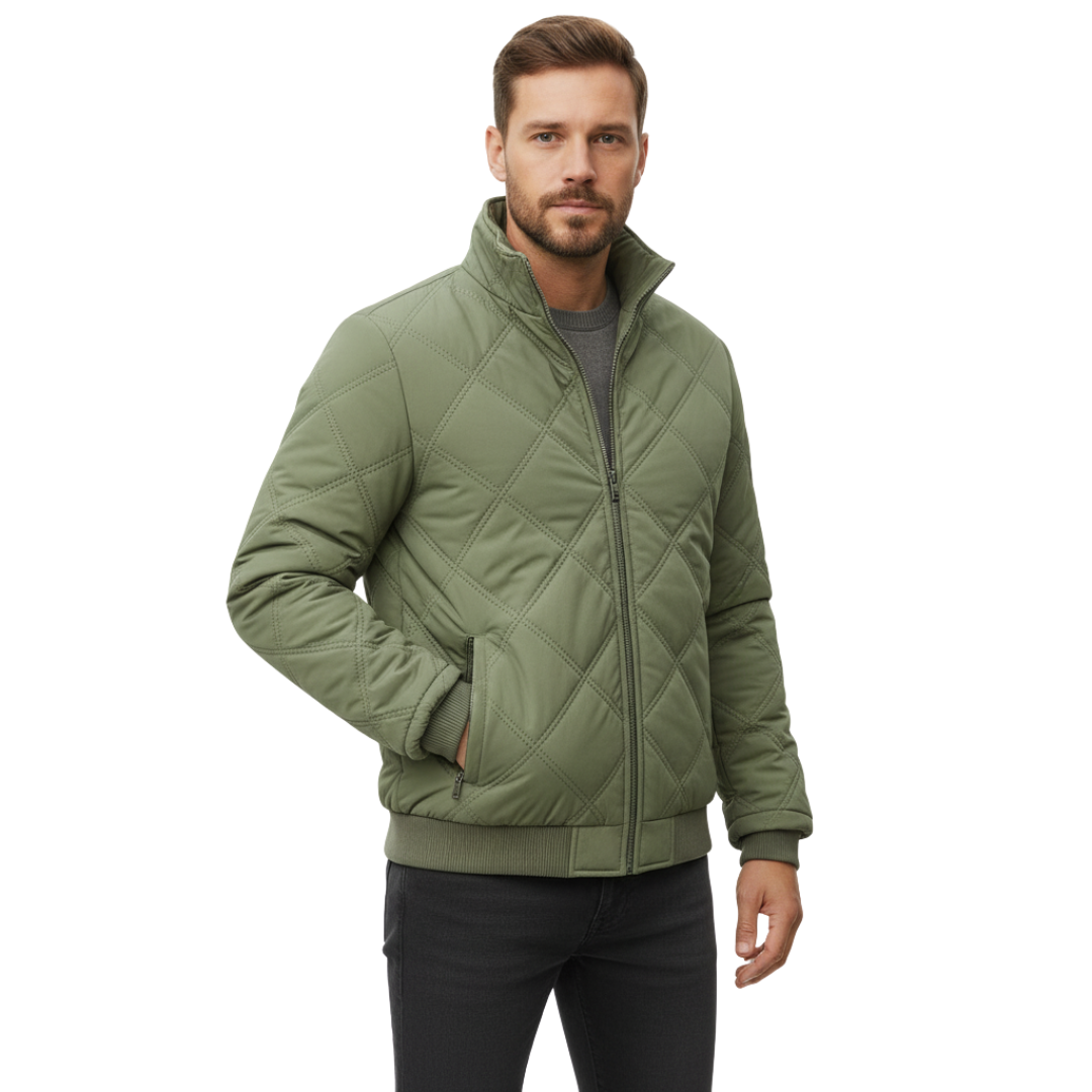 Men's Quilted Jacket - Plush Fleece Lining - Stand Collar