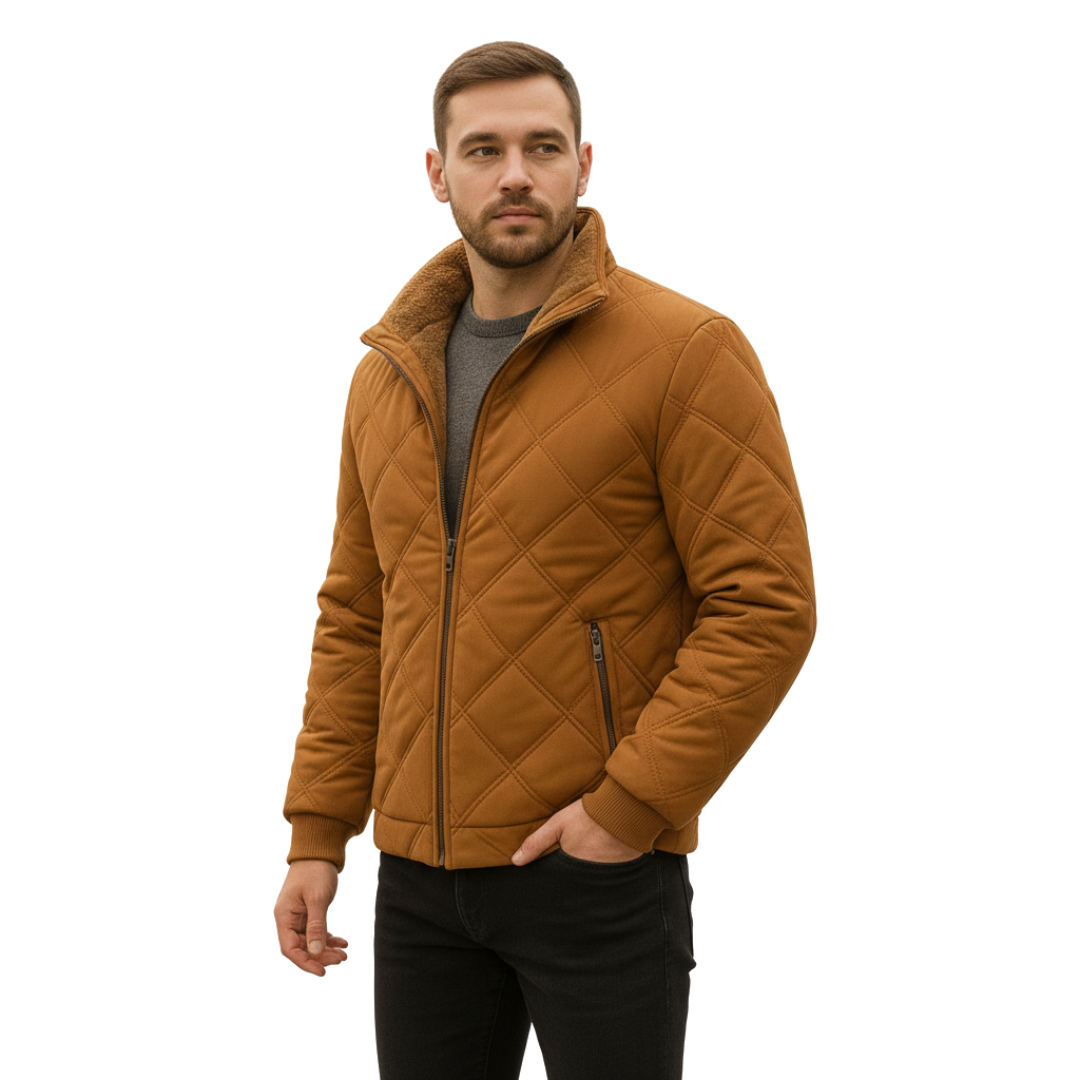 Men's Quilted Jacket - Plush Fleece Lining - Stand Collar