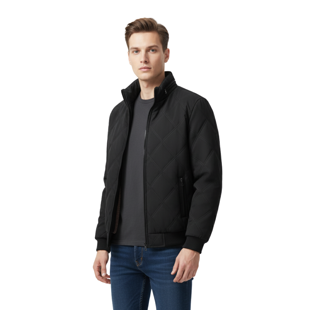 Men's Quilted Jacket - Plush Fleece Lining - Stand Collar