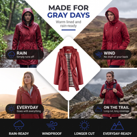 Women's Long Raincoat - Water-Repellent & Plaid Lined - Drawstring Waist