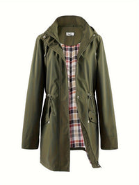 Women's Long Raincoat - Water-Repellent & Plaid Lined - Drawstring Waist