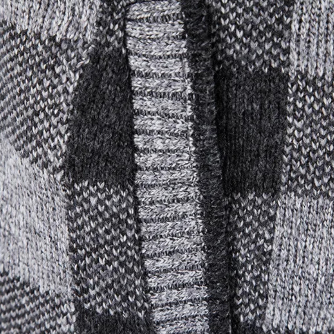 Men's Cardigan Sweater with Hood - Buffalo Plaid Knit - Warm Fleece Lining