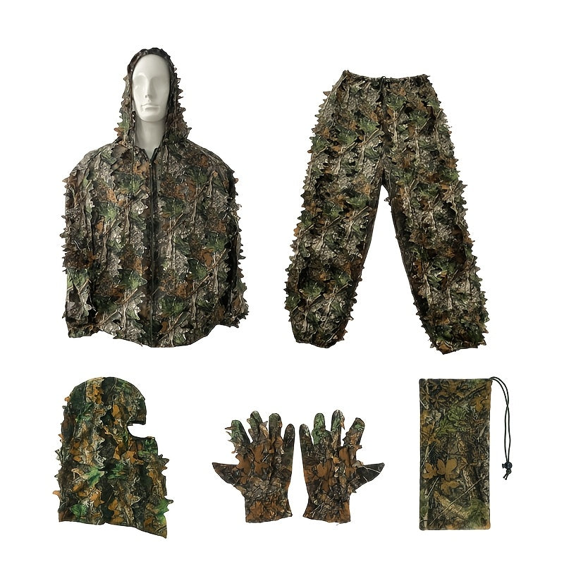 Ghillie Suit for Hunting - 6-Piece 3D Leafy Camo Set - Hood, Gloves & Bag