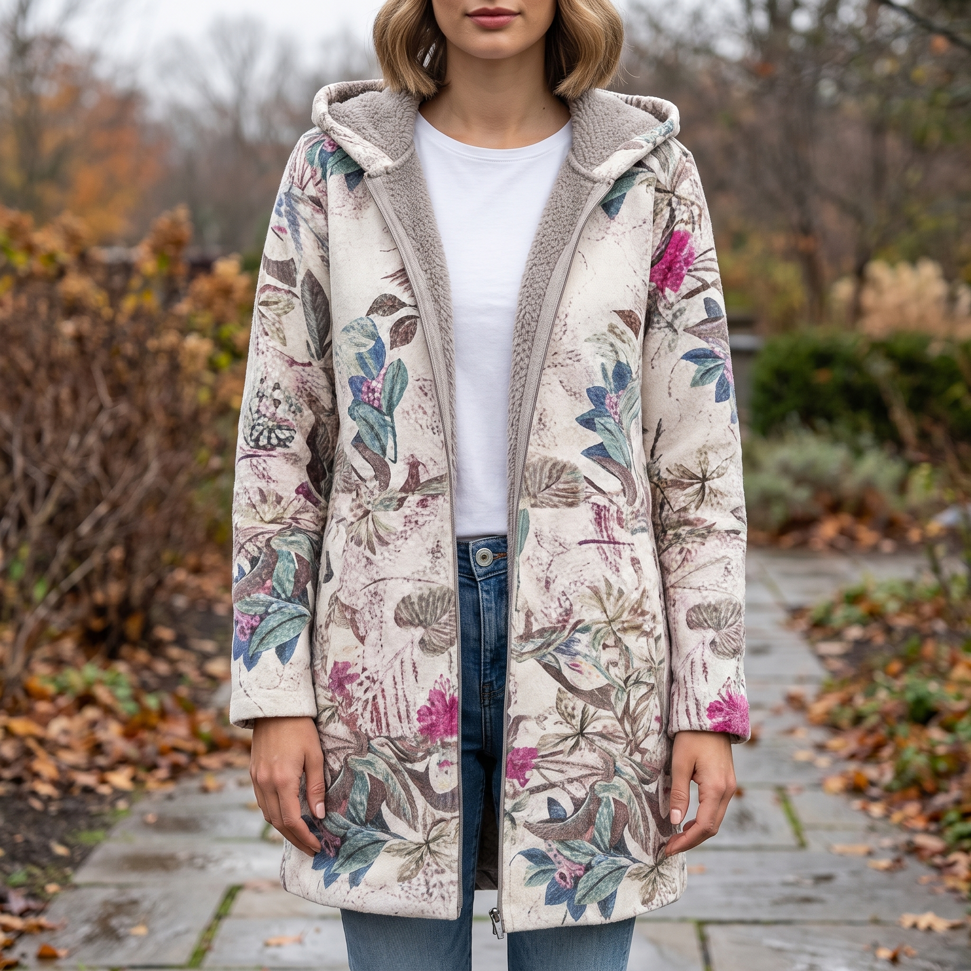 Winterjacke Damen mit Kapuze - Fleecefutter - Blumen-Print