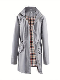 Women's Long Raincoat - Water-Repellent & Plaid Lined - Drawstring Waist