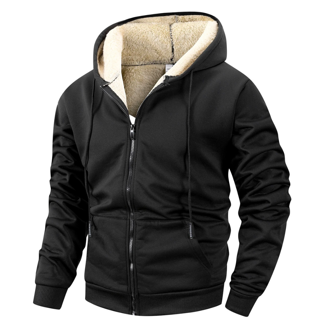 Men's Fleece Jacket with Hood - Sherpa Lined & Windproof - Full Zip