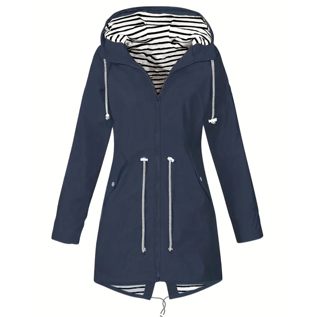 Women's Rain Coat with Hood - Long Waterproof Cut - Adjustable Waist