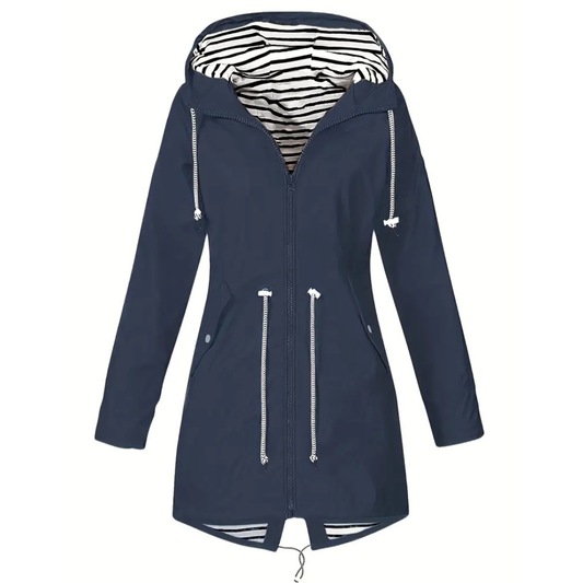 Women's Rain Coat with Hood - Long Waterproof Cut - Adjustable Waist
