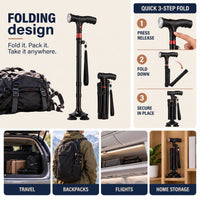 Walking Cane with Light - Folding Quad Cane with Pivot Base - SOS Alarm