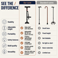 Walking Cane with Light - Folding Quad Cane with Pivot Base - SOS Alarm
