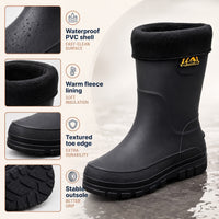 Insulated Rain Boots for Men - Waterproof Mid-Calf Boots - Fleece Lined