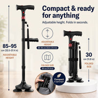 Walking Cane with Light - Folding Quad Cane with Pivot Base - SOS Alarm